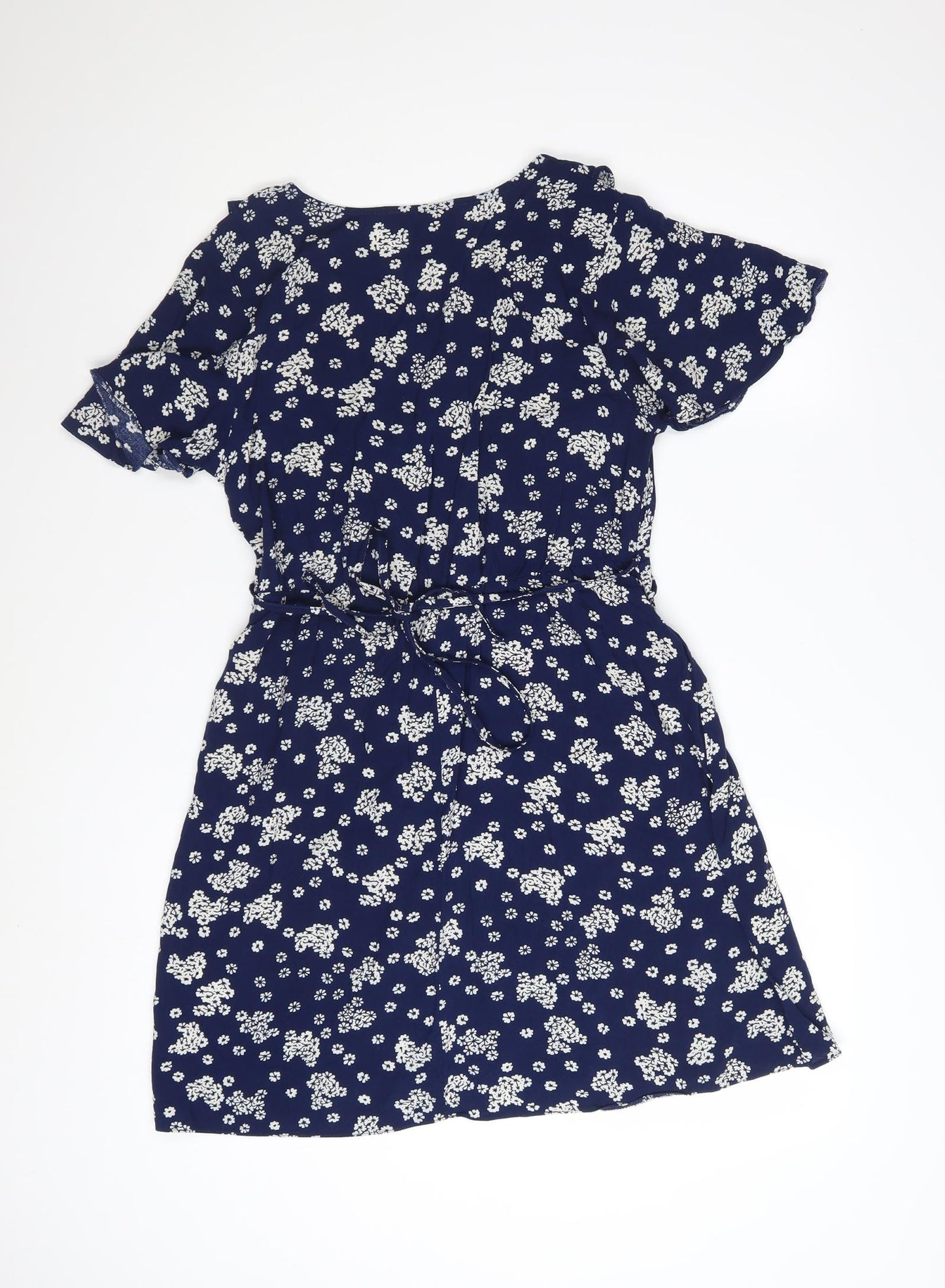 New Look Women's Blue Floral A-Line Short Sleeve V-Neck Dress Size 10