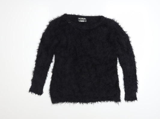 Pilot Women Black Fuzzy Long Sleeve Pullover Jumper S/M Acrylic Blend