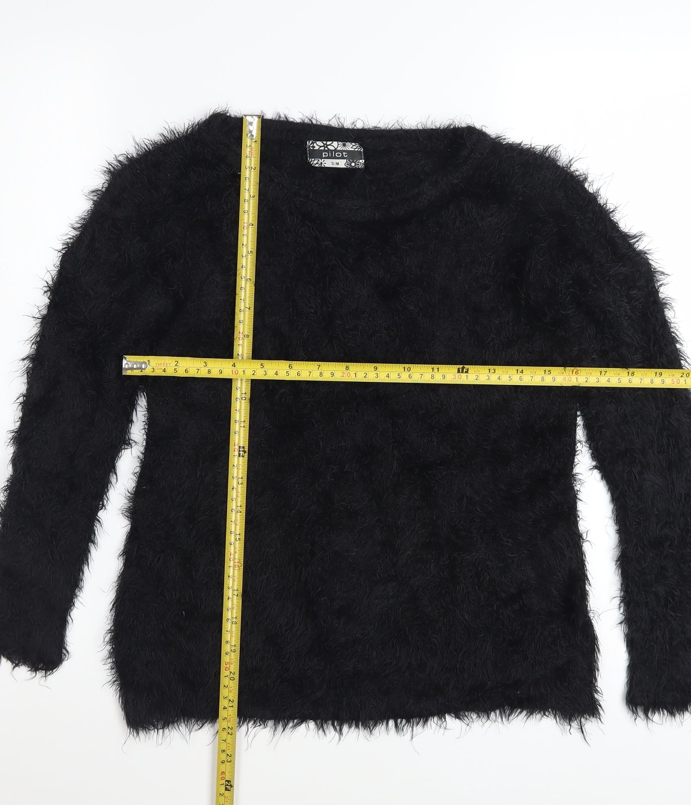 Pilot Women Black Fuzzy Long Sleeve Pullover Jumper S/M Acrylic Blend