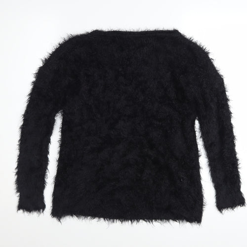 Pilot Women Black Fuzzy Long Sleeve Pullover Jumper S/M Acrylic Blend