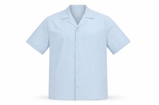 Front view of River Island Men's Blue Striped Short Sleeve Button-Up Shirt XS