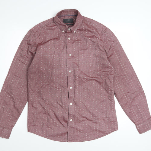 Marks and Spencer Men's Red Geometric Cotton Long Sleeve Shirt Size S