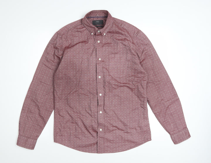 Marks and Spencer Men's Red Geometric Cotton Long Sleeve Shirt Size S