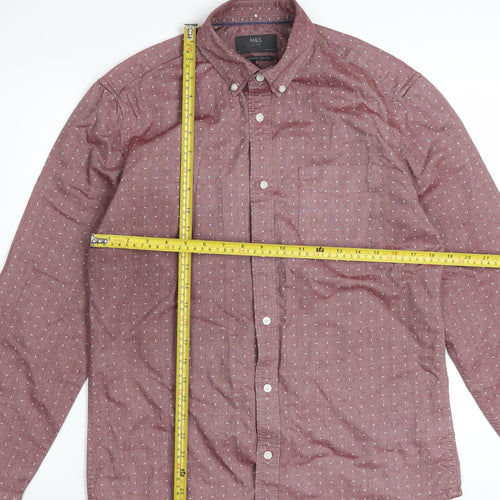 Marks and Spencer Men's Red Geometric Cotton Long Sleeve Shirt Size S