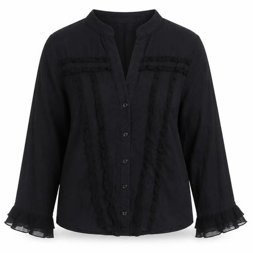 Wallis Women Black Cotton Ruffle Long Sleeve Tunic Blouse Size 16