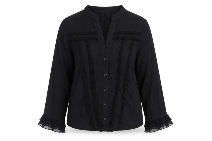 Wallis Women Black Cotton Ruffle Long Sleeve Tunic Blouse Size 16