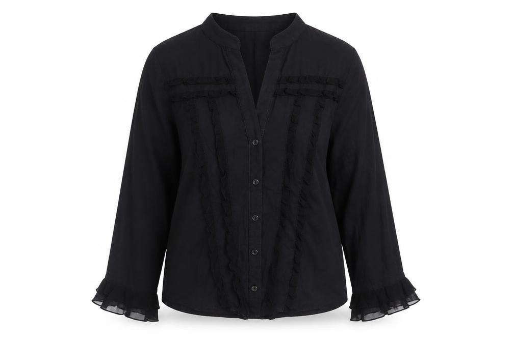 Wallis Women Black Cotton Ruffle Long Sleeve Tunic Blouse Size 16