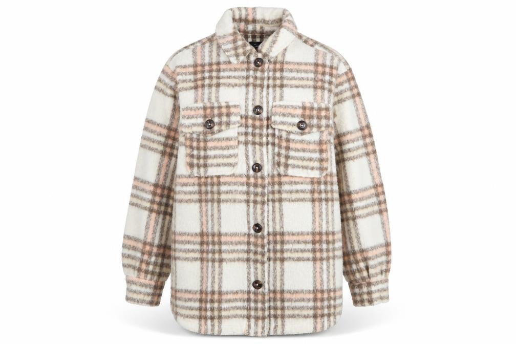 Front view of New Look Women Beige Checked Shacket Jacket UK 10 Relaxed Fit