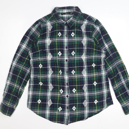 F&F Women Green Plaid Cotton Long Sleeve Button-Up Shirt Size 14