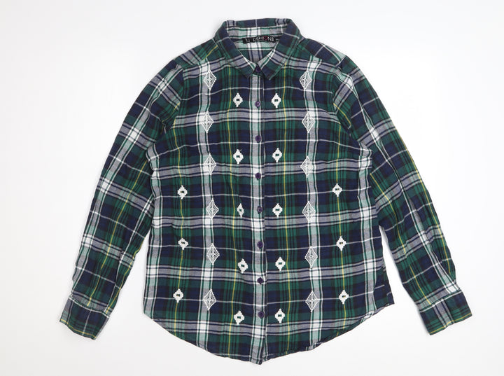F&F Women Green Plaid Cotton Long Sleeve Button-Up Shirt Size 14