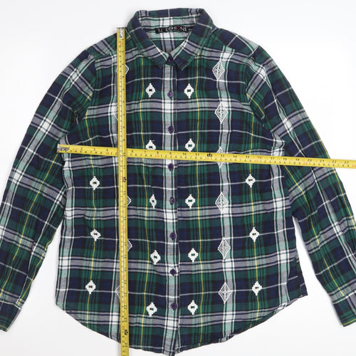 F&F Women Green Plaid Cotton Long Sleeve Button-Up Shirt Size 14