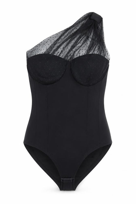 Rebellious Women's Black One Shoulder Mesh Bodysuit Size 10