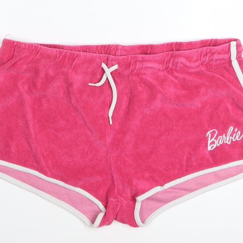 Barbie Women’s Pink Terry Shorts L Casual Drawstring Logo Comfort