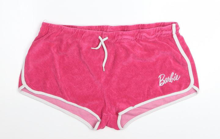 Barbie Women’s Pink Terry Shorts L Casual Drawstring Logo Comfort