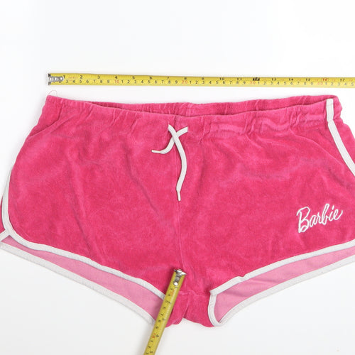 Barbie Women’s Pink Terry Shorts L Casual Drawstring Logo Comfort