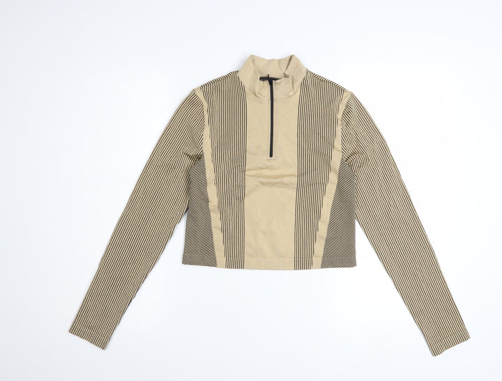 H&M Divided Women’s Beige Striped Cropped Long Sleeve Zip Top Size M