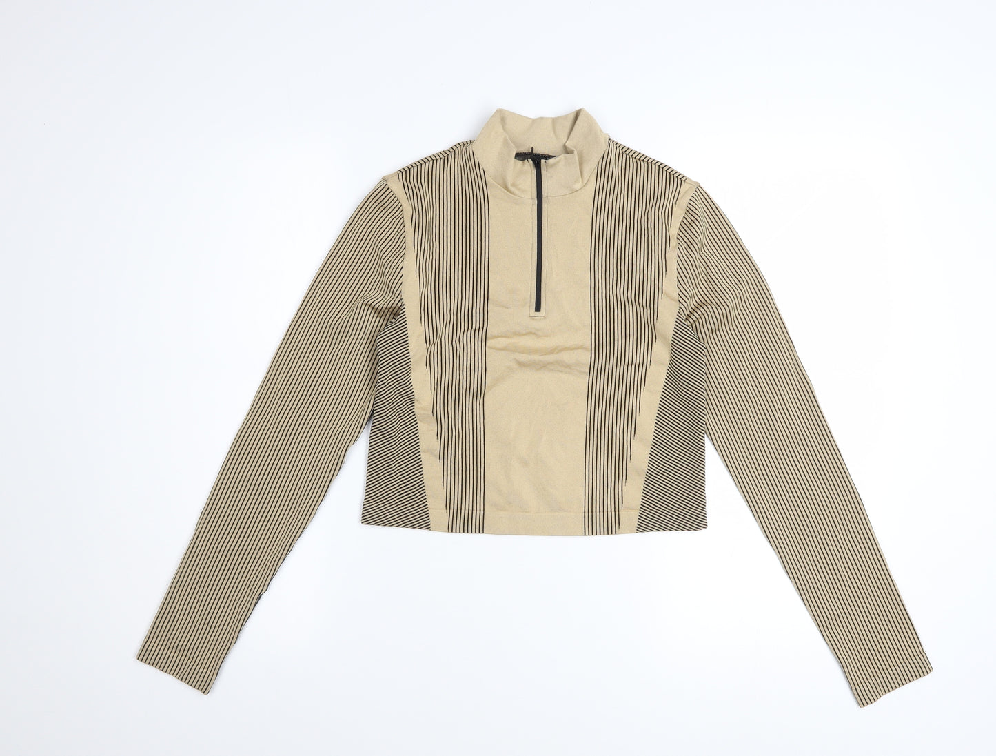 H&M Divided Women’s Beige Striped Cropped Long Sleeve Zip Top Size M