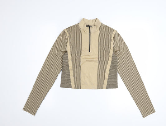 H&M Divided Women’s Beige Striped Cropped Long Sleeve Zip Top Size M