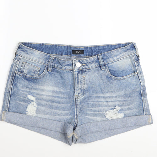 F&F Women’s Blue Denim Distressed Cotton Turn-Up Shorts UK 12