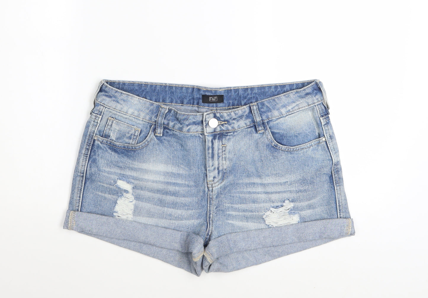 F&F Women’s Blue Denim Distressed Cotton Turn-Up Shorts UK 12