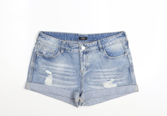 F&F Women’s Blue Denim Distressed Cotton Turn-Up Shorts UK 12