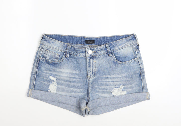 F&F Women’s Blue Denim Distressed Cotton Turn-Up Shorts UK 12