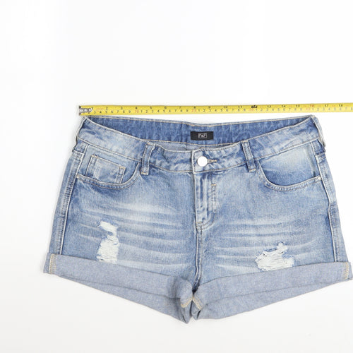 F&F Women’s Blue Denim Distressed Cotton Turn-Up Shorts UK 12