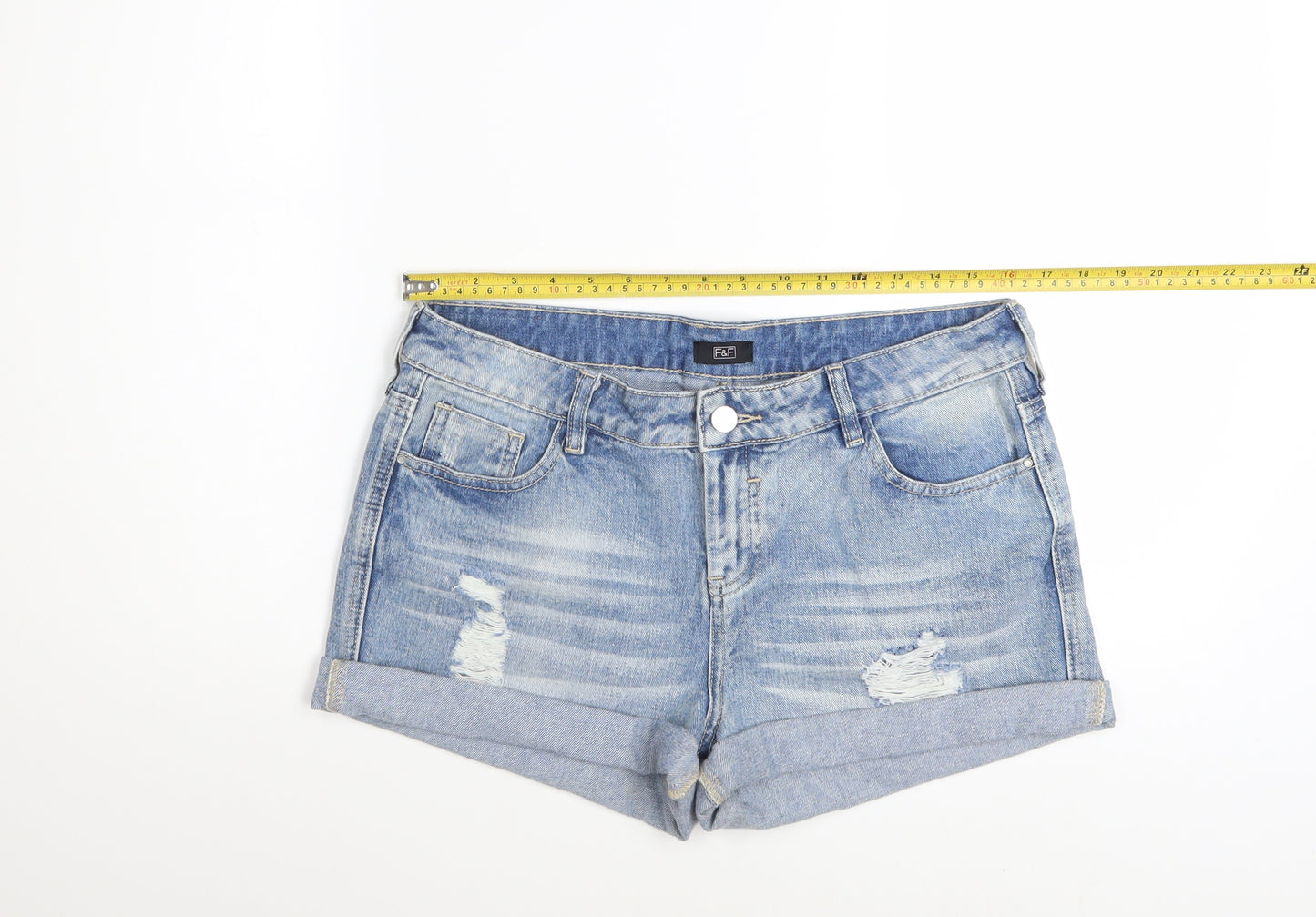 F&F Women’s Blue Denim Distressed Cotton Turn-Up Shorts UK 12