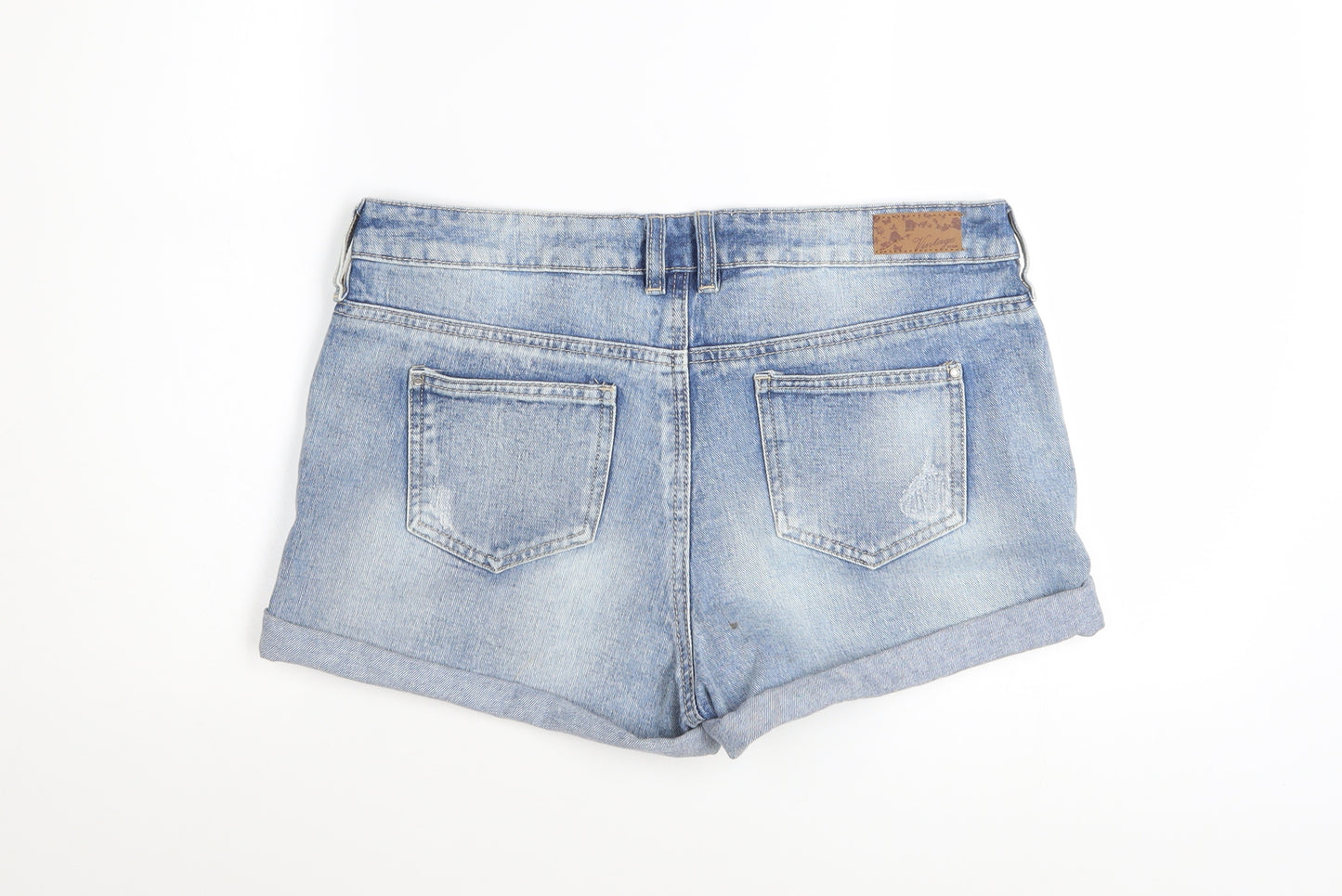 F&F Women’s Blue Denim Distressed Cotton Turn-Up Shorts UK 12