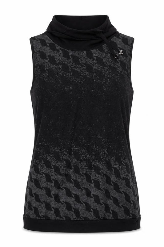 Front view of Capuccino Knithouse Women's Black Geometric Roll Neck Sleeveless Knit Top, size 10