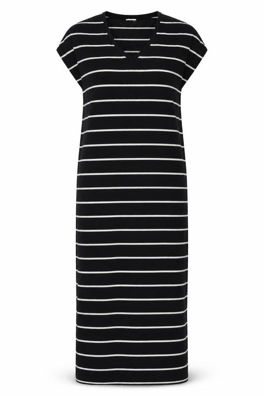 Front view of Zara Women Black Striped T-Shirt Dress, size 12, Casual Jersey