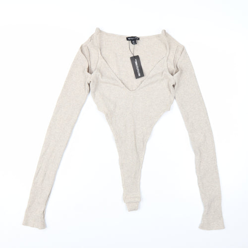 PrettyLittleThing Women Beige Ribbed Long Sleeve Bodysuit UK 8