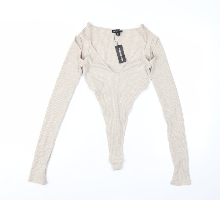 PrettyLittleThing Women Beige Ribbed Long Sleeve Bodysuit UK 8