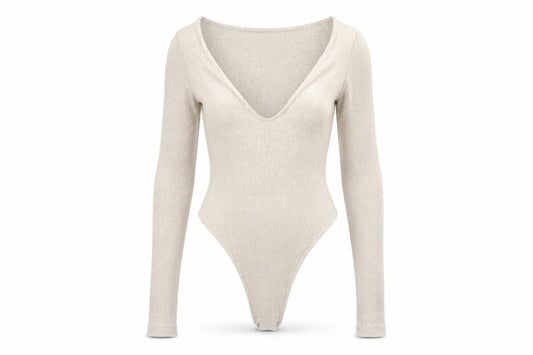 PrettyLittleThing Women Beige Ribbed Long Sleeve Bodysuit UK 8