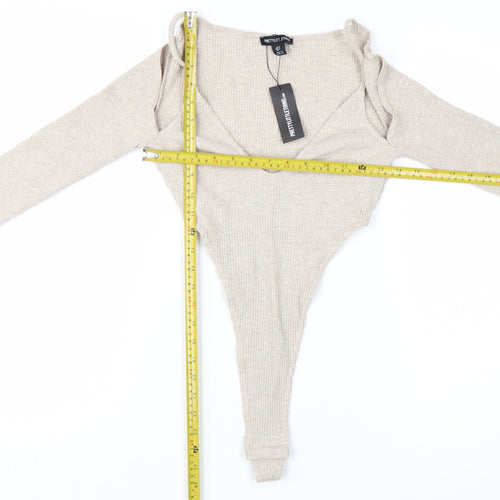 PrettyLittleThing Women Beige Ribbed Long Sleeve Bodysuit UK 8