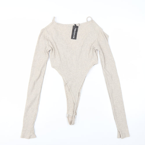 PrettyLittleThing Women Beige Ribbed Long Sleeve Bodysuit UK 8