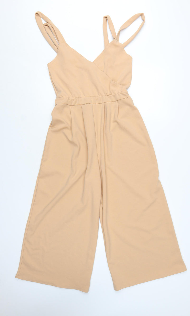 Boohoo Womens Beige Jumpsuit Size 12 Polyester Blend Sleeveless Wide-Leg