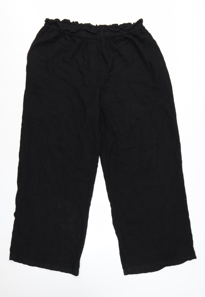 River Island Women’s Black Cropped Linen Blend Wide-Leg Trousers L