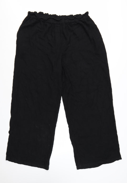 River Island Women’s Black Cropped Linen Blend Wide-Leg Trousers L