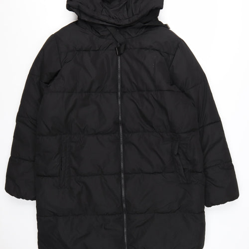 New Look Women’s Black Long Puffer Coat Size 16 Hooded Full Zip Winter Jacket