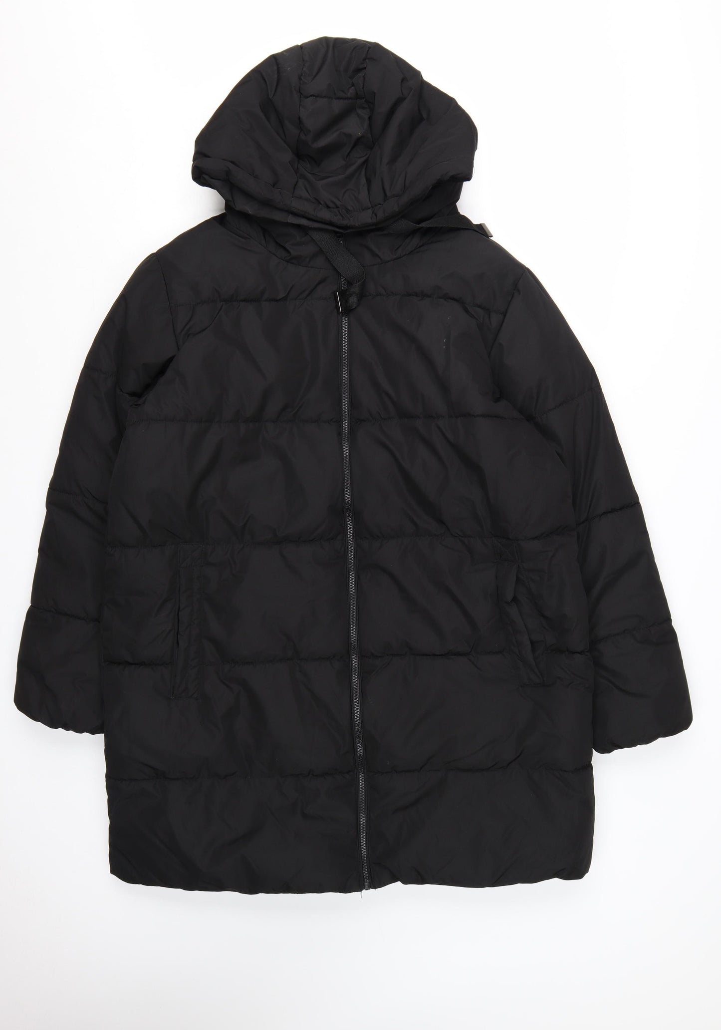 New Look Women’s Black Long Puffer Coat Size 16 Hooded Full Zip Winter Jacket