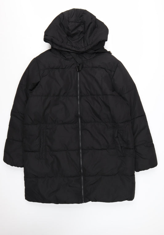 New Look Women’s Black Long Puffer Coat Size 16 Hooded Full Zip Winter Jacket