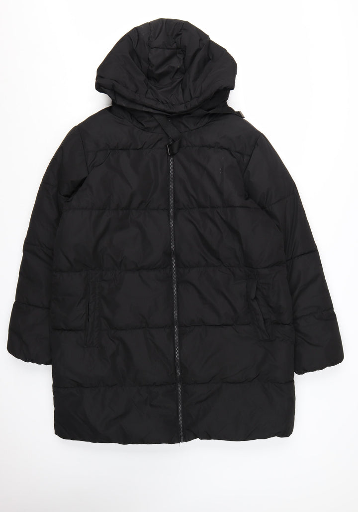 New Look Women’s Black Long Puffer Coat Size 16 Hooded Full Zip Winter Jacket