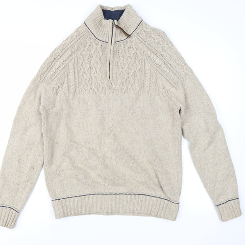 Mantaray Men's Beige Wool Blend 1/4 Zip Cable Knit Jumper M