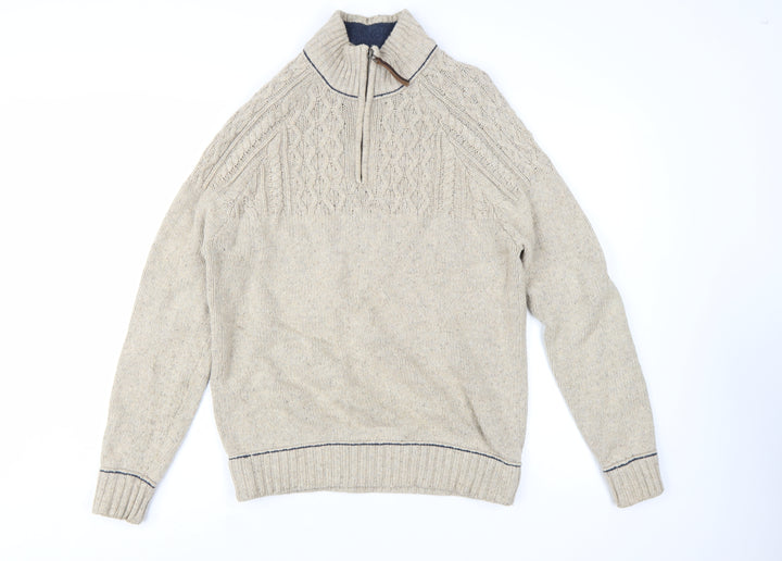 Mantaray Men's Beige Wool Blend 1/4 Zip Cable Knit Jumper M