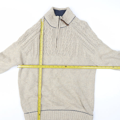 Mantaray Men's Beige Wool Blend 1/4 Zip Cable Knit Jumper M