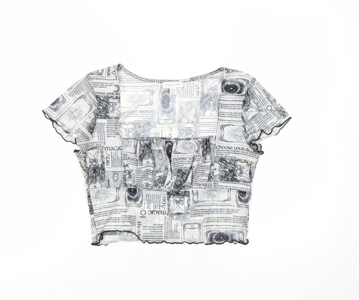 Topshop Women’s Black & White Printed Mesh Cropped T-Shirt UK 10