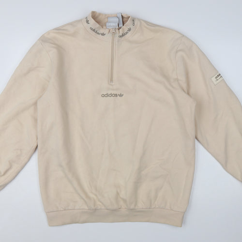 Adidas Men Beige 1/4 Zip Sweatshirt M Mock Neck Logo Pullover
