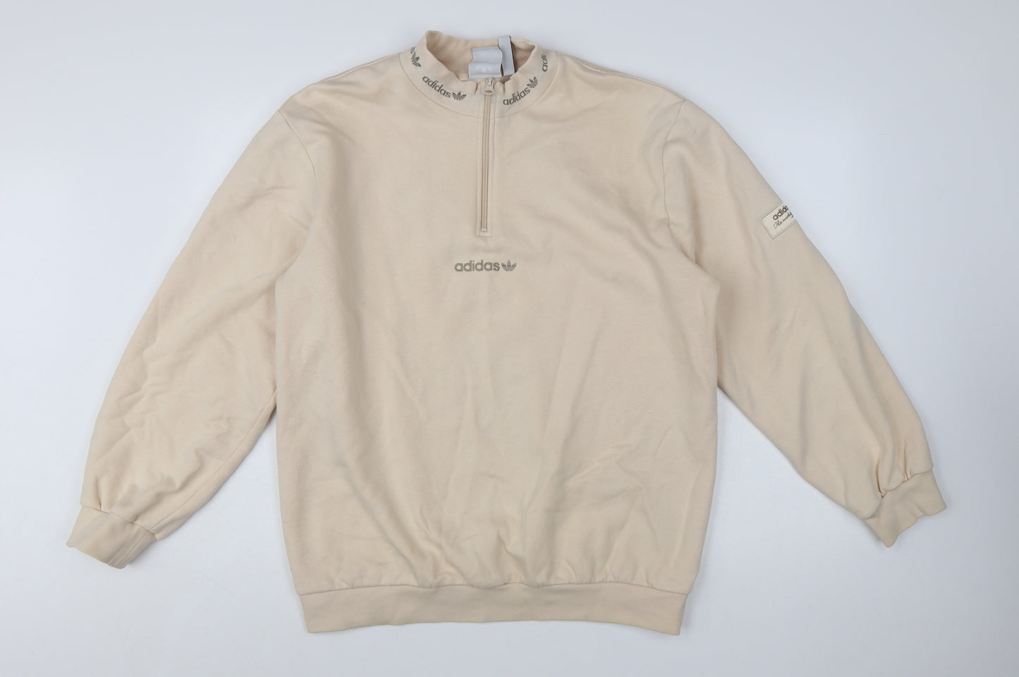 Adidas Men Beige 1/4 Zip Sweatshirt M Mock Neck Logo Pullover