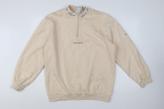 Adidas Men Beige 1/4 Zip Sweatshirt M Mock Neck Logo Pullover